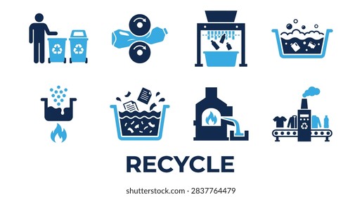 Recycle Process Icon Set: Blue and Navy Symbols with Bins, Bottles, Conveyor, Sorting, Melting, and Factory.

