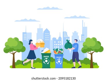 Proceso de reciclaje con basura orgánica, papel o plástico para proteger el entorno ecológico adecuado para carteles, antecedentes y Web en una ilustración plana