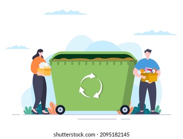 Proceso de reciclaje con basura orgánica, papel o plástico para proteger el entorno ecológico adecuado para carteles, antecedentes y Web en una ilustración plana