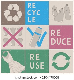 Recycle, reduce, reuse. Banner about sustainable way. Eco-friendly environment. Doodle vector illustration.