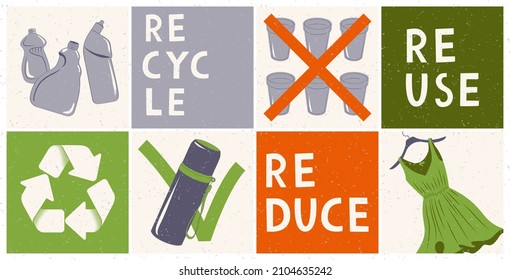 Recycle, reduce, reuse. Banner about sustainable way. Eco-friendly environment. Doodle vector illustration.