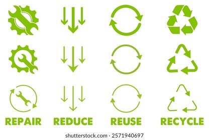 Recycle Reduce reuse repair icon set triangle circle arrow green sign symbol rotation eco friendly system nature save earth organic color garbase waste renewable