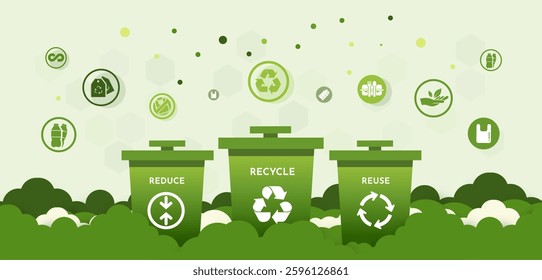 recycle, reduce, reuse. save the world and energy concept, green energy, sustainable environment, environmental conservation, renewable energy, clean energy, zero waste, green vector illustration
