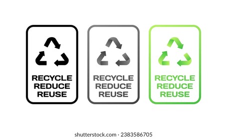 Wiederverwertung, Verminderung, Wiederverwendung von Schildern. Verschiedene Stile, grün, biologisch abbaubare Symbole, recyceln, reduzieren, wiederverwenden Zeichen. Vektorsymbole