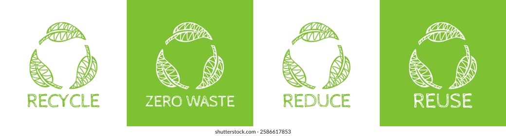 recycle reduce zero waste logo embel icon design set hand drawn style vector illustration