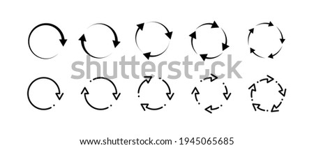 Recycle refresh rotate arrows icon set. Recycling arrow icon set. Rotation arrws set. Different arrows collection. Black arrows collection. Up arrow button symbol. Start-up. Vector graphic. EPS 10