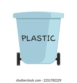 Ilustración de dibujos animados de la papelera azul reciclable. Basura azul. Sin bolsas plásticas, reducir, reutilizar, reciclar, ir con un lema verde. Desechos cero, concepto de ecología