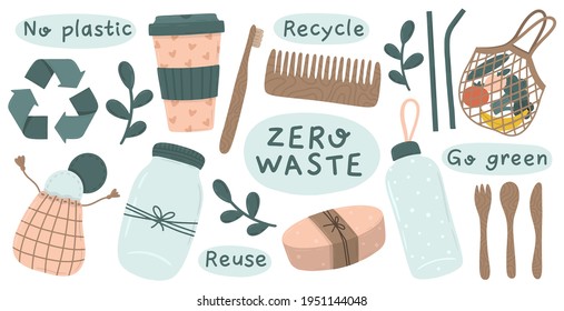 Recycle and reusable collection of zero waste objects: spoon, bag, cutlery, bottle straw, toothbrush, comb and face pads. Hand drawn flat style vector illustration.