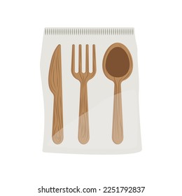 Recycle and reusable wooden cutlery cartoon illustration. Wooden spoon, knife and fork in eco bag. No plastic bags, reduce, reuse, recycle. Zero waste, ecology concept