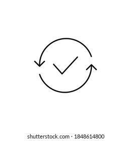 Reciclar la reutilización con el icono de marca de verificación. Señal de flechas de rotación circular. Aprobar ilustración vectorial aislada en blanco. 