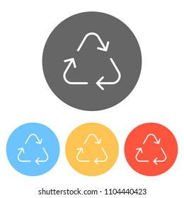 Recycle or reuse icon. Thin arrows, linear style. Set of white icons on colored circles