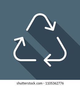 Recycle or reuse icon. Thin arrows, linear style. White flat icon with long shadow on background