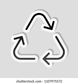 Recycle or reuse icon. Thin arrows, linear style. Sticker style with white border and simple shadow on gray background