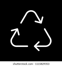 Recycle or reuse icon. Thin arrows, linear style. White icon on black background. Inversion