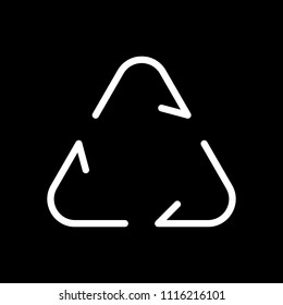 Recycle or reuse icon. Thin arrows, linear style. White icon on black background. Inversion