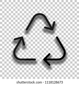 Recycle or reuse icon. Thin arrows, linear style. Black glass icon with soft shadow on transparent background