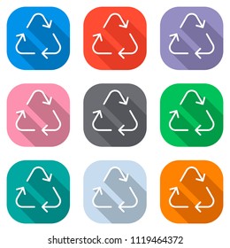 Recycle or reuse icon. Thin arrows, linear style. Set of white icons on colored squares for applications. Seamless and pattern for poster