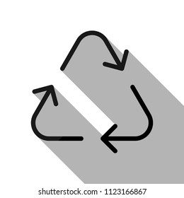 Recycle or reuse icon. Thin arrows, linear style. Black object with long shadow on white background