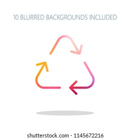 Recycle or reuse icon. Thin arrows, linear style. Colorful logo concept with simple shadow on white. 10 different blurred backgrounds included
