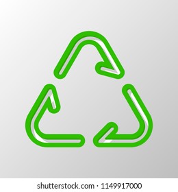 Recycle or reuse icon. Thin arrows, linear style. Paper style. Cut symbol with green bold contour on shape and simple shadow