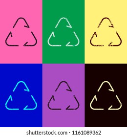 Recycle or reuse icon. Thin arrows, linear style. Pop art style. Scratched icons on 6 colour backgrounds. Seamless pattern
