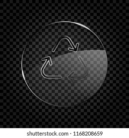 Recycle or reuse icon. Thin arrows, linear style. Icon in circle glass bubble on dark transparent grid. Glass style