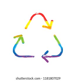 Recycle or reuse icon. Thin arrows, linear style. Drawing sign with LGBT style, seven colors of rainbow (red, orange, yellow, green, blue, indigo, violet
