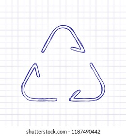 Recycle or reuse icon. Thin arrows, linear style. Hand drawn picture on paper sheet. Blue ink, outline sketch style. Doodle on checkered background