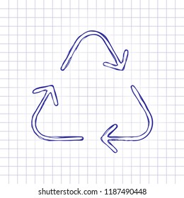 Recycle or reuse icon. Thin arrows, linear style. Hand drawn picture on paper sheet. Blue ink, outline sketch style. Doodle on checkered background
