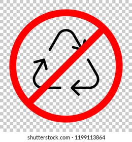 Recycle or reuse icon. Thin arrows, linear style. Not allowed, black object in red warning sign with transparent background