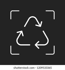 Recycle or reuse icon. Thin arrows, linear style. White object in camera autofocus on dark background