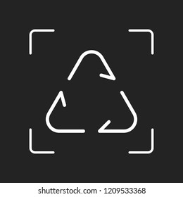 Recycle or reuse icon. Thin arrows, linear style. White object in camera autofocus on dark background