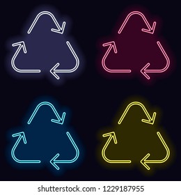 Recycle or reuse icon. Thin arrows, linear style. Set of neon sign. Casino style on dark background