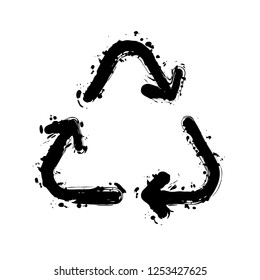 Recycle or reuse icon. Thin arrows, linear style. Black ink with splashes on white background