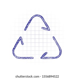 Recycle or reuse icon. Thin arrows, linear style. Hand drawn sketched picture with scribble fill. Blue ink. Doodle on white background