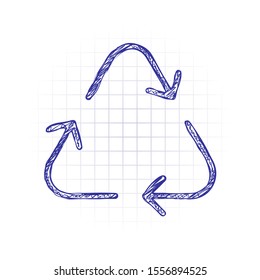 Recycle or reuse icon. Thin arrows, linear style. Hand drawn sketched picture with scribble fill. Blue ink. Doodle on white background