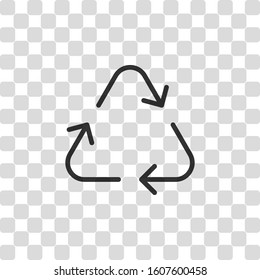 Recycle or reuse icon. Thin arrows, linear style. Black symbol on transparency grid