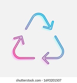 Recycle or reuse icon. Thin arrows, linear style. Colored logo with diagonal lines and blue-red gradient. Neon graphic, light effect