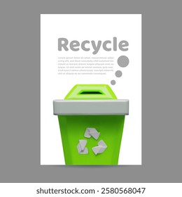 Recycle and reuse sign on green garbage sorting container. Realistic 3D vector poster design in plastic cartoon style. Render trash bin with text. Ecology and environmental protection concept