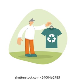 Recycle and reuse textile. A man holding t shirt with a recycling symbol. Sustainable, slow and eco friendly fashion. Wardrobe and clothes store. Vector hand drawn illustration in a trendy flat style.