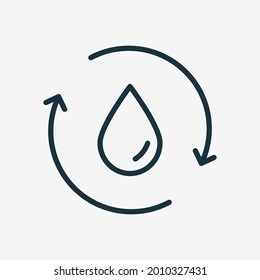 Recycle or Reuse Water Linear Icon. Save world. Water Drop with 2 Sync and Circular Arrows. Recycle symbol. Renew of Liquid. Editable stroke. Vector illustration.