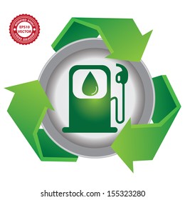 Recycle, Save The Earth or Stop Global Warming Concept Present By Green Recycle Sign With Gasoline Icon Inside Isolated on White Background 