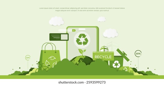 Recycle, save the world and energy concept, green energy, sustainable environment, environmental conservation, renewable energy, clean energy, zero waste, green paper and vector illustration