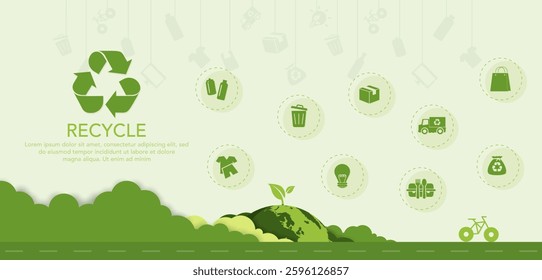 Recycle, save the world and energy concept, green energy, sustainable environment, environmental conservation, renewable energy, clean energy, zero waste, green banner and vector illustration