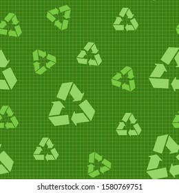Recycle seamless pattern with three arrow symbol in different sizes and natural shades of green color.