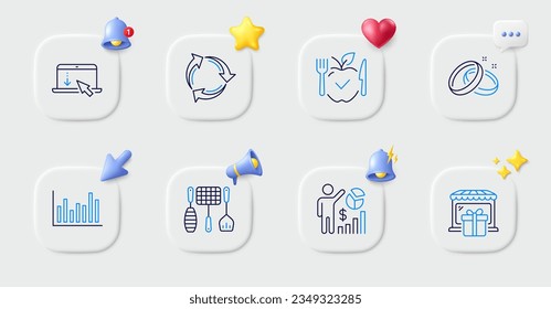 Wiederverwertung, Seo-Statistik und Hochzeitsringe - Zeilensymbole. Tasten mit 3D-Glocke, Chatsprache, Cursor. Pack von Scroll nach unten, Geschenkladen, Balkendiagramm. Vegetarisches Essen, Grill-Tools Piktogramm. Vektorgrafik