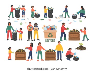 Recycle. Set of people cleaning up. Garbage sorting Bags and cardboard boxes full of different kind of waste. People making compost.  Recycling concept. 