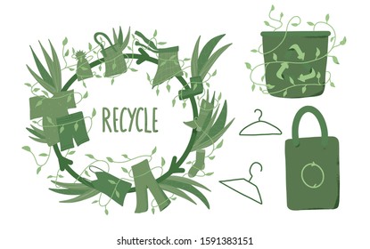 Recycle set. Recycling of clothes signs collection isolated on white background. Zero waste concept. Vector eco friendly emblem.