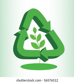Recycle sign with branch and leaves inside.