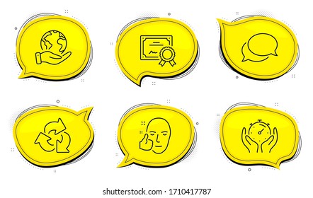 Recycle sign. Diploma certificate, save planet chat bubbles. Timer, Healthy face and Messenger line icons set. Deadline management, Healthy cosmetics, Speech bubble. Recycling waste. Vector